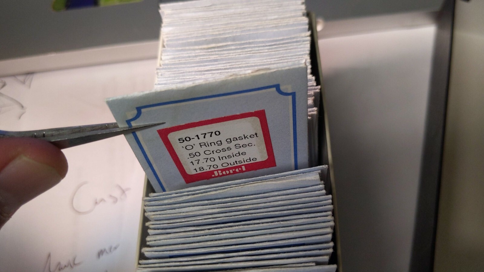 J Borel Box of back gaskets, various O-RING gaskets. some labeled. some not labe