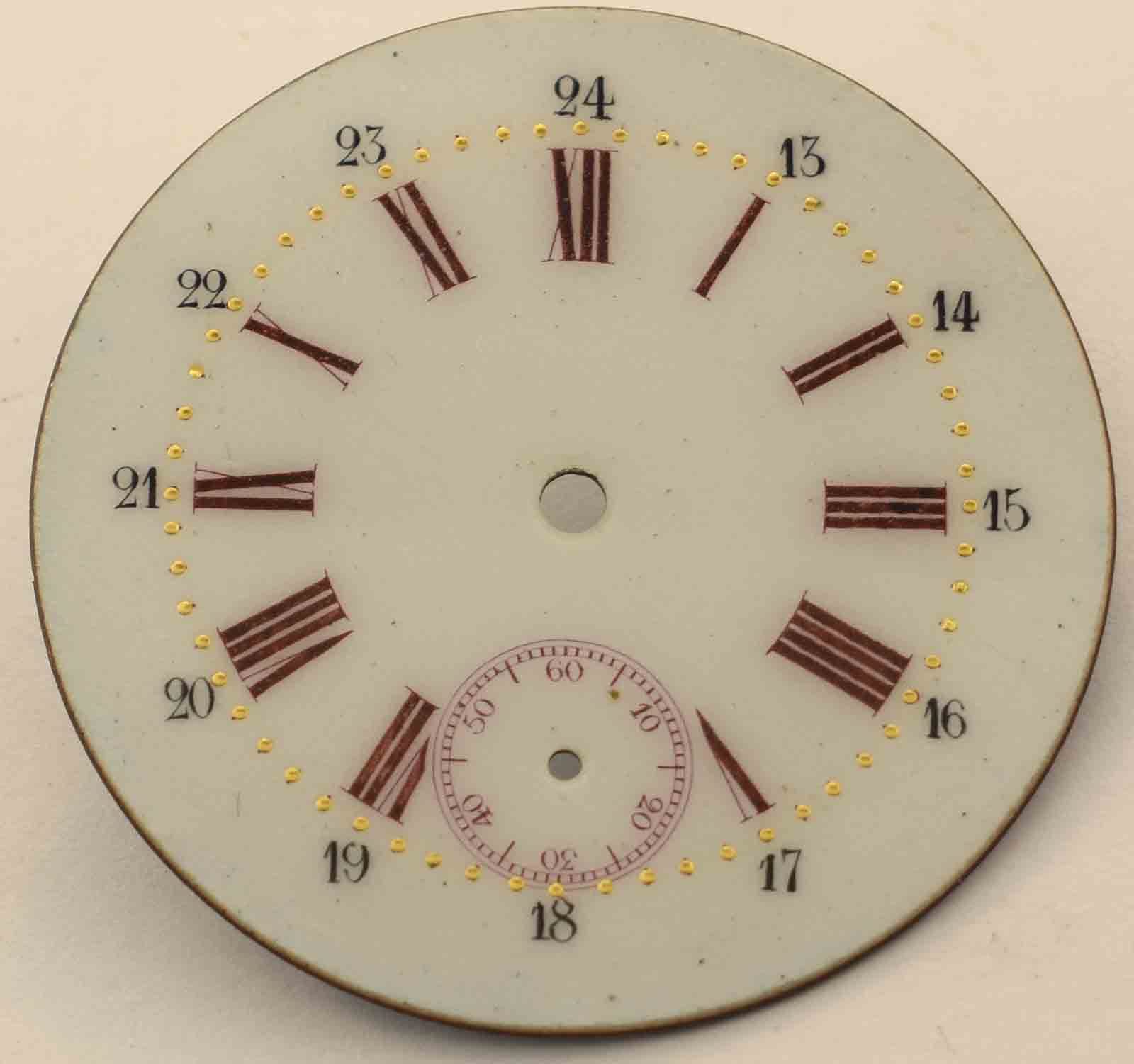 VINTAGE BURGUNDY + GOLD PORCELAIN POCKET WATCH DIAL 42MM