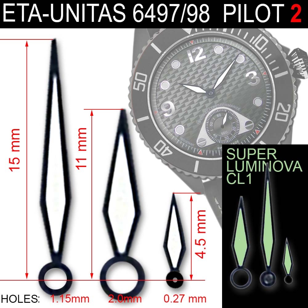 HANDS SET FOR MOVEMENT ETA UNITAS 6497/6498, BLACK, PILOT 2 – SUPERLUMINOUS CL1