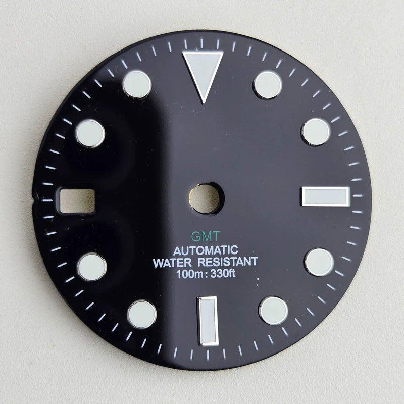 Black 28.5mm Blue Lume Watch Dial For NH35 Movement No Logo Green GMT