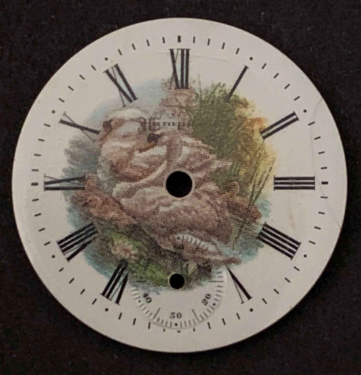 ANTIQUE HAMPDEN 3/0S PORCELAIN ENAMEL POCKET WATCH DIAL WITH SWAN SCENE 4 PARTS