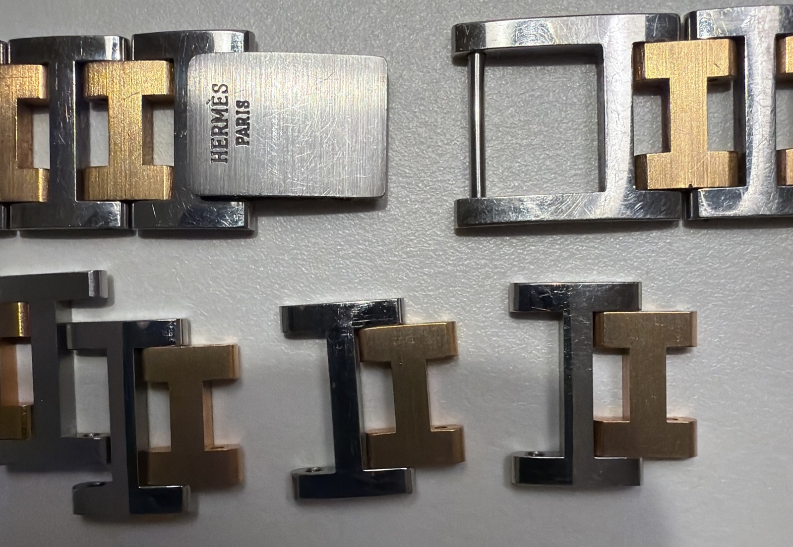 Hermes Clipper Silver and Gold Band with Clasp and 13 band links Size 12mm