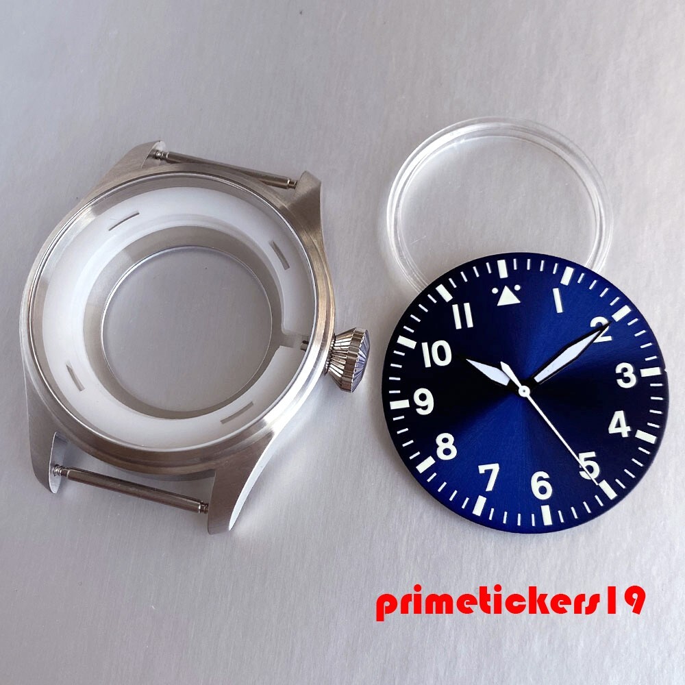 43mm Pilot Watch Case+Dial Hands Set Sapphire Fit NH35 ETA2824 PT5000 Clear Back