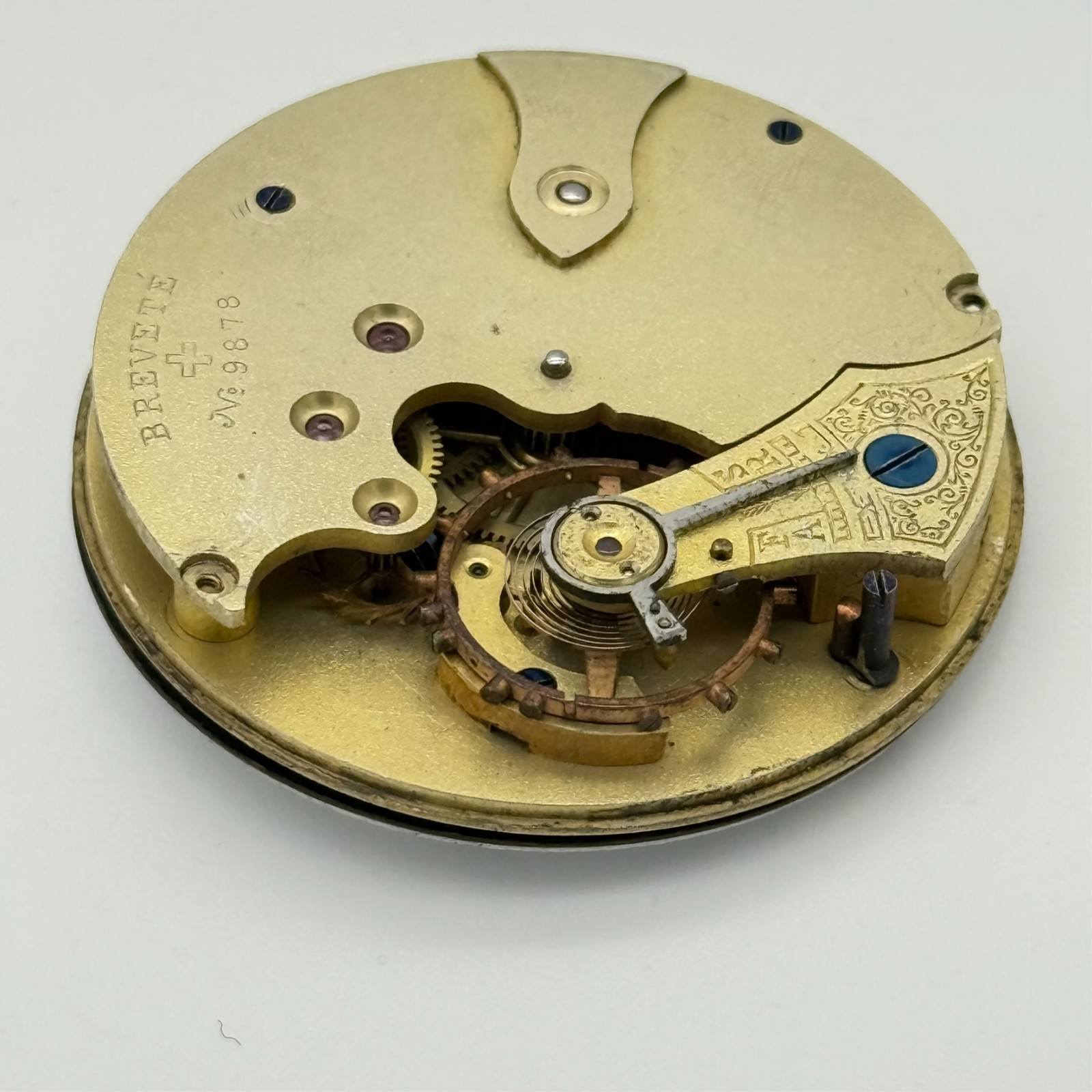 Antique Brevete 9878 Mechanical Pocket Watch Movement, Small Sec, 44mm FOR PARTS