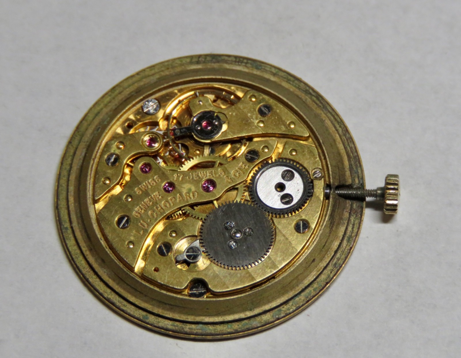 L.U. CHOPARD & Cie 17J Ultra Thin Swiss Watch Movement Dial & Crown Good Beat