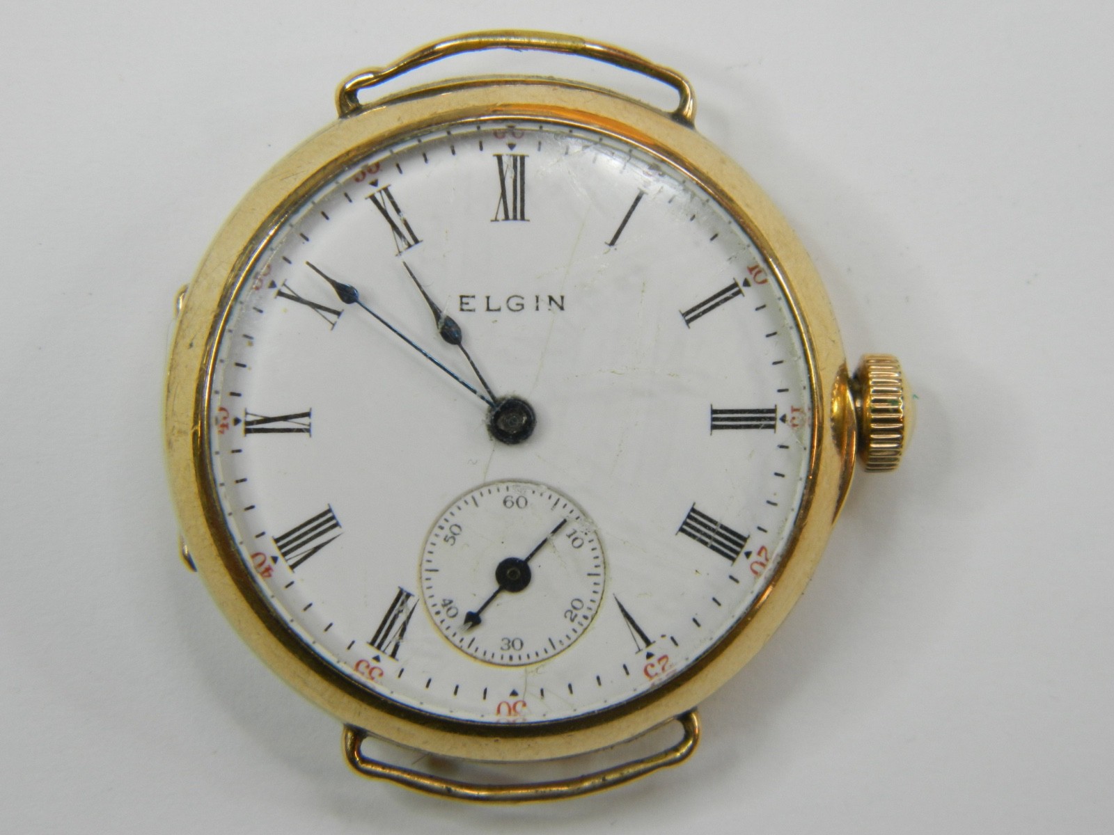 1908 PRE-WW1 ELGIN 0S 10K GOLD FILLED WIRE LUGS TRENCH WATCH – FINE CASE -REPAIR