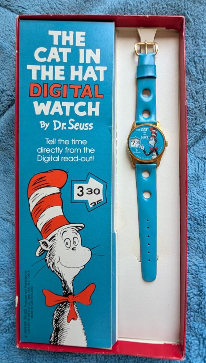 NIB Dr Seuss Cat-in-the-Hat digital character Watch 1974 Swiss #602 collectible
