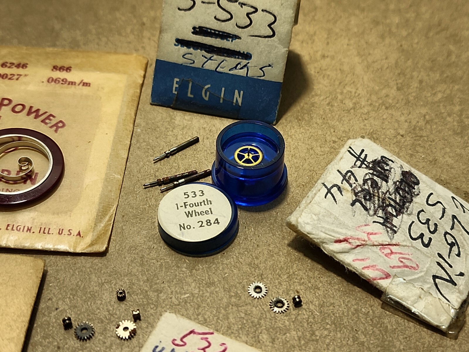 Lot Of NOS Elgin 21/0 Parts-Crown, Stems, Balance Staffs, Winding Pinions, etc
