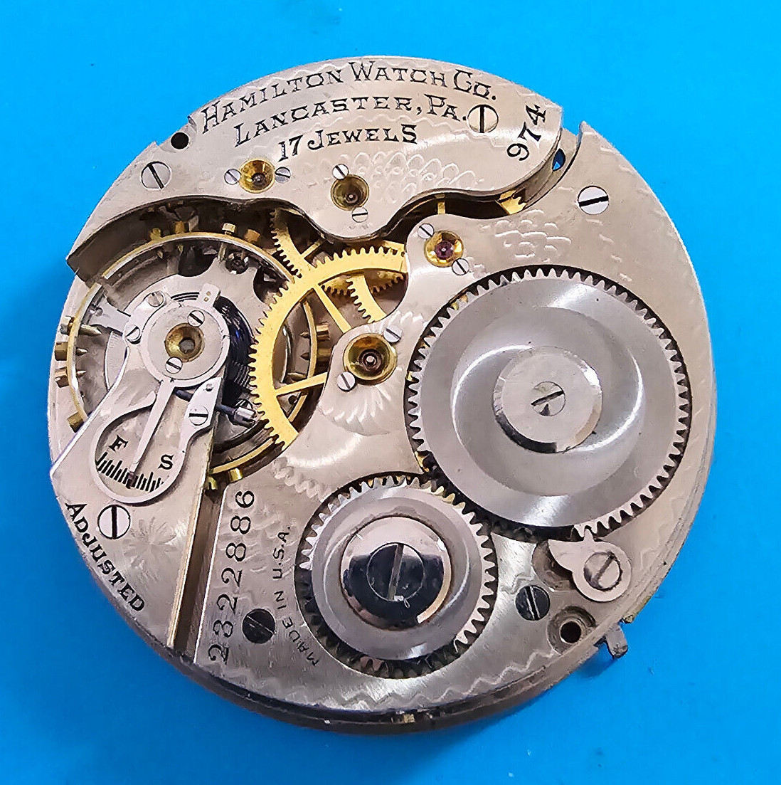 CLEAN VINTAGE 16 SIZE HAMILTON GRADE 974 MODEL 2 POCKET WATCH MOVEMENT PARTS