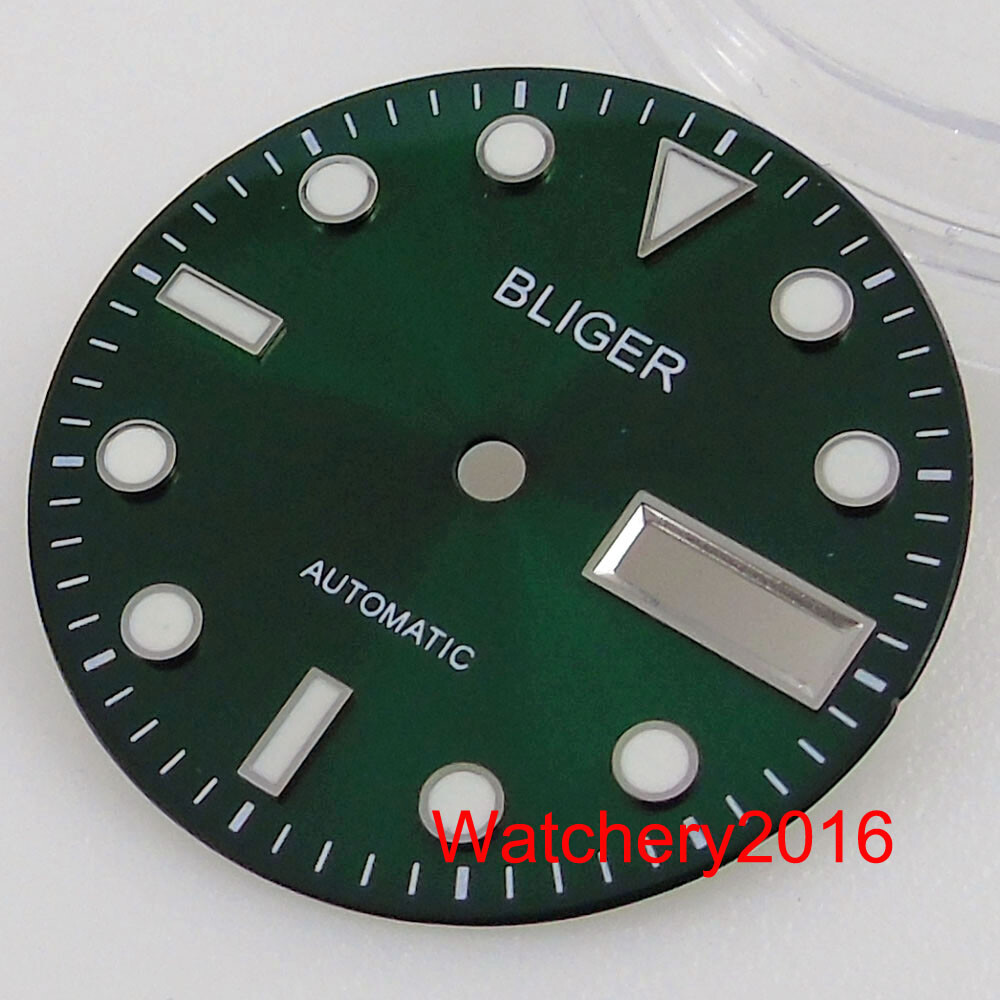 BLIGER 29mm Sunburst Watch Dial Green Luminous Double Date Window fit NH36 NH36A