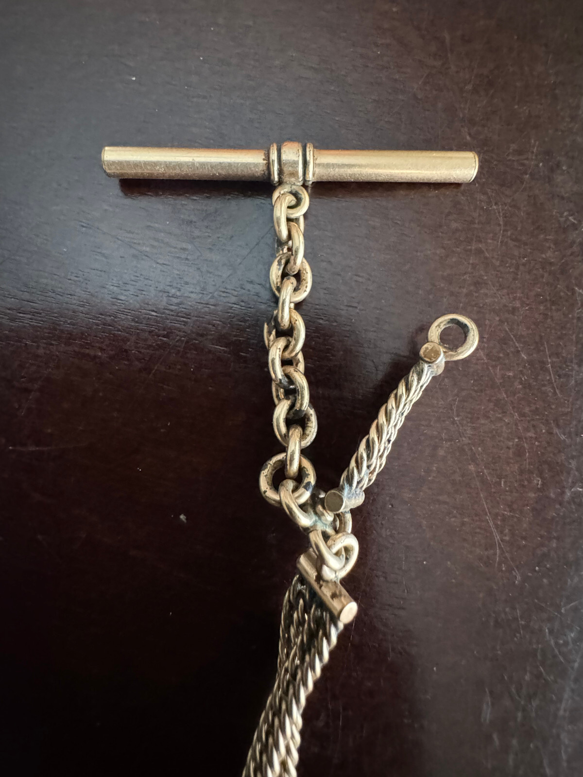 VINTAGE 11 INCH HEAVY SLIDE, T BAR POCKET WATCH CHAIN, HAS MARKING ON CLASP