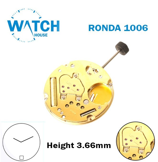 RONDA 1006 Swiss Quartz Watch Movement-H:3.66MM-Blue Disk At 6-2 Hands-Gold.