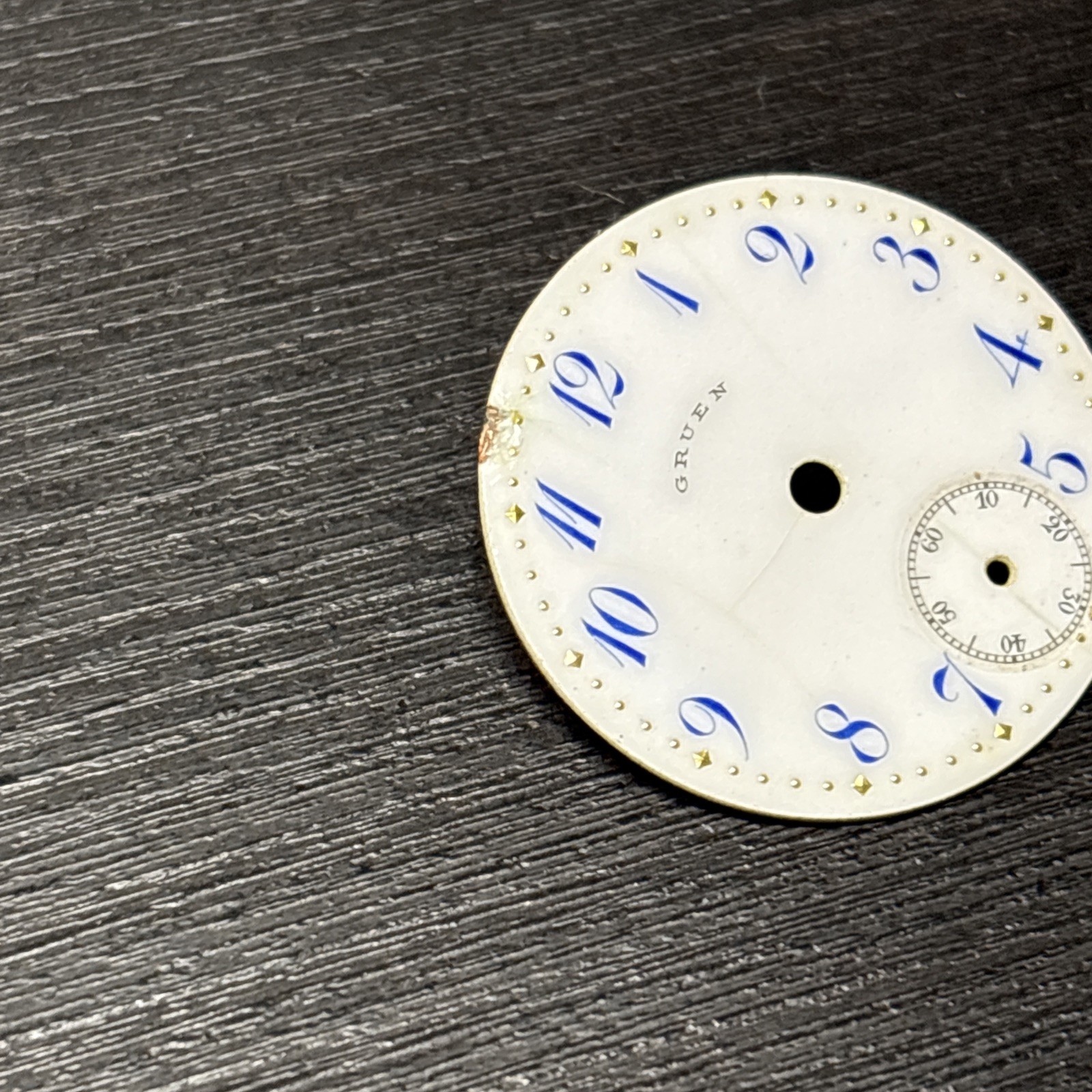 Gruen Enamel Fancy Blue And Gold Pocket Watch Wristwatch Dial 23.9mm With Parts