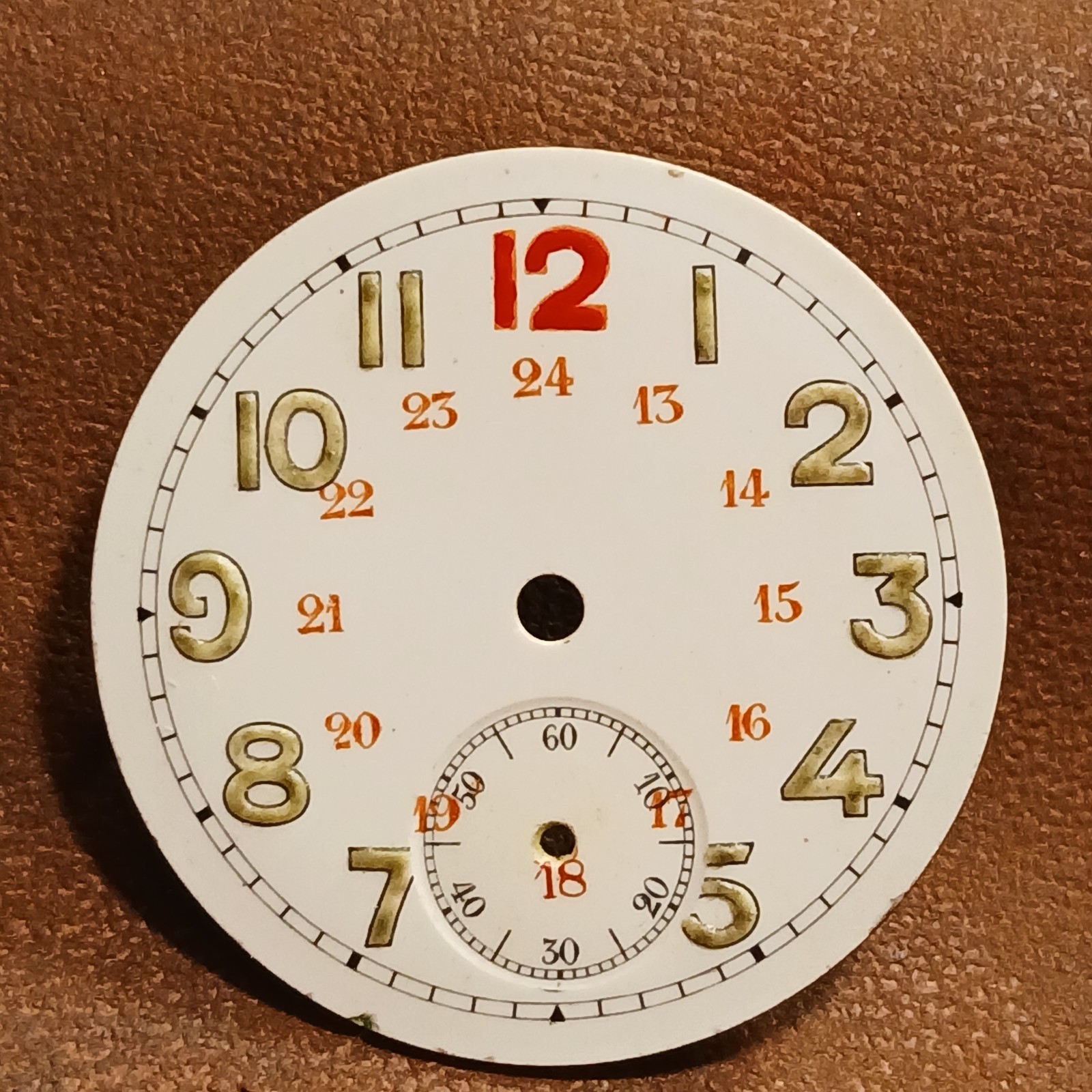 Vintage Porcelain WWI Military 24 Hour Red Numbers Trench Watch Dial 29.2 mm