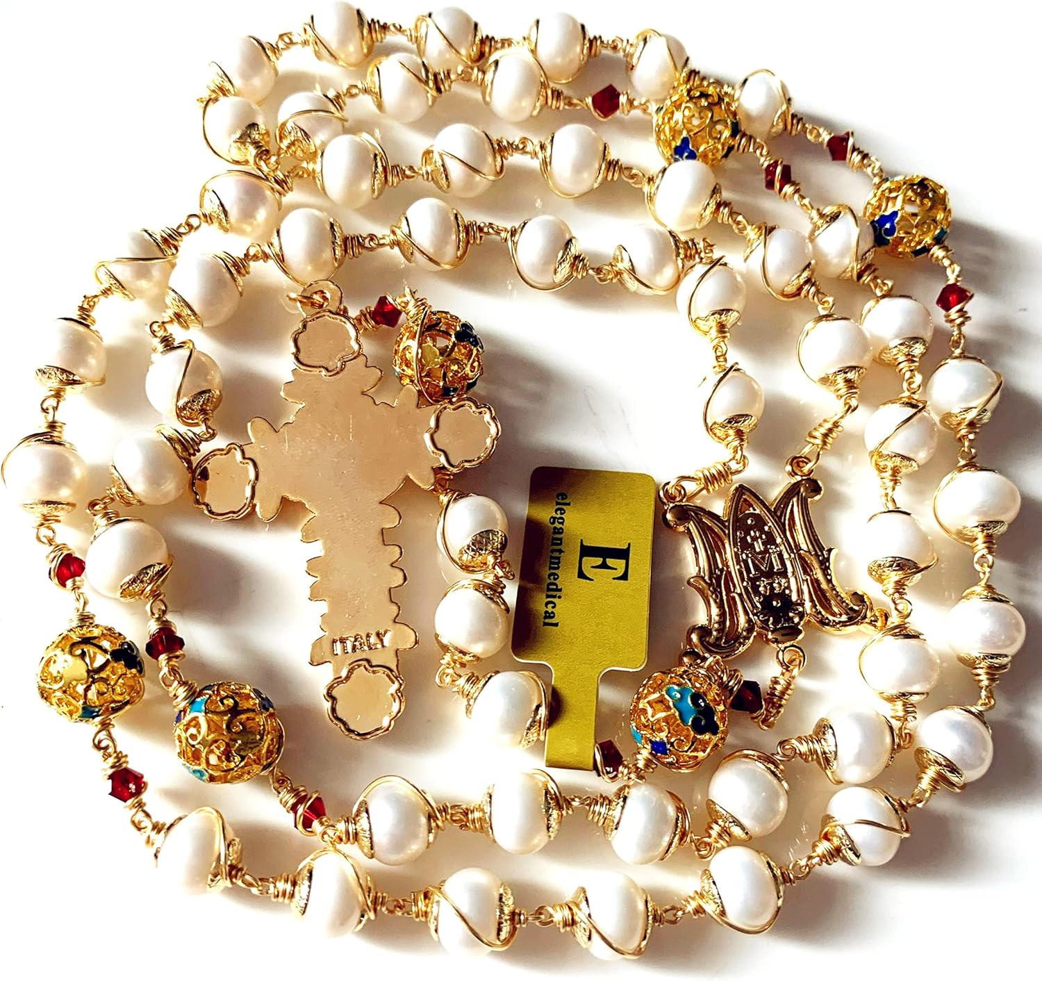 Gold Plated Wire Wrapped Pearl & Enamel Bead Rosary Cross Necklace Box