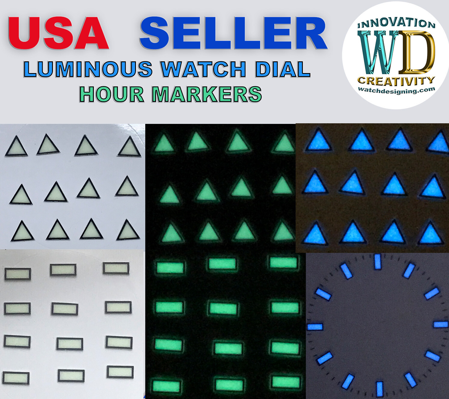 Watch Dial Hour Markers 12 pieces Green Blue LUMINOUS Numerals Dots triangles
