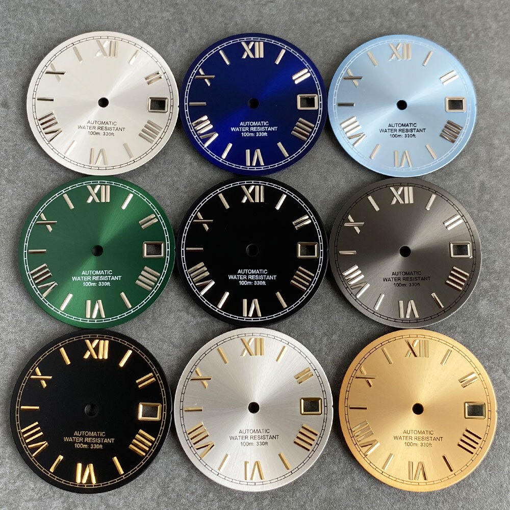 Silver Black Green 29mm Sunburst Watch Dial Gold Roman Numeral fit NH35 NH36