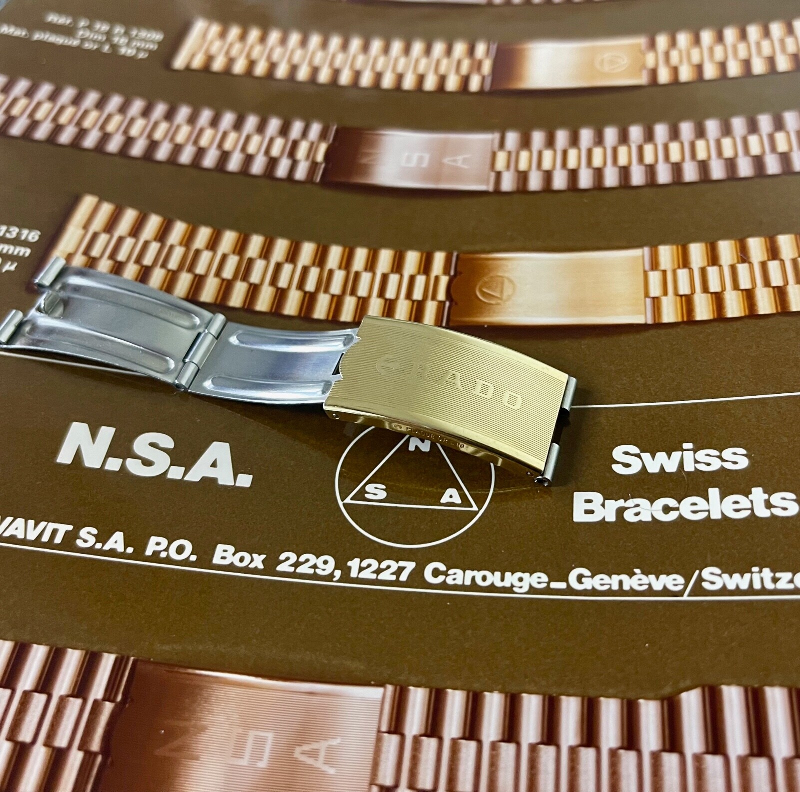 Vintage 3-row Rado NSA watch bracelet complete NOS clasp yellow gold plate Swiss