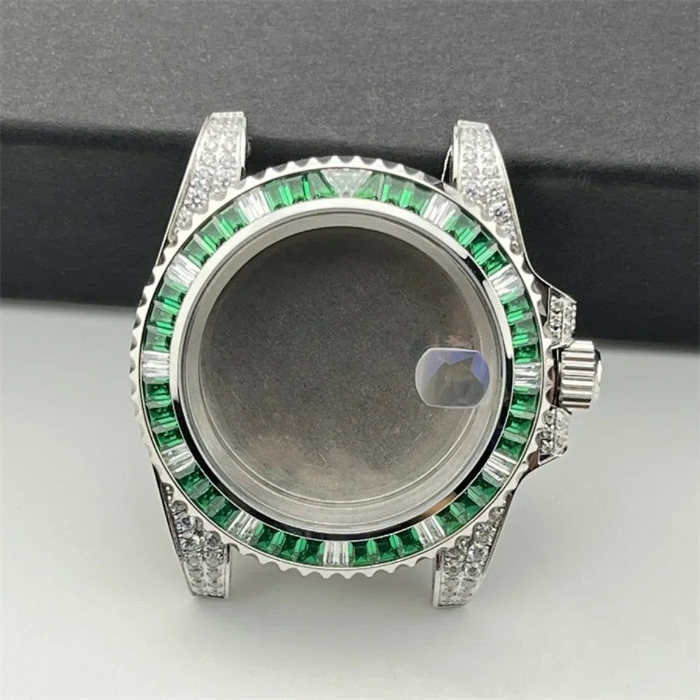 40.5mm Diamond Steel Watch Case with Strap Sapphire Glass for NH34/NH35/NH36