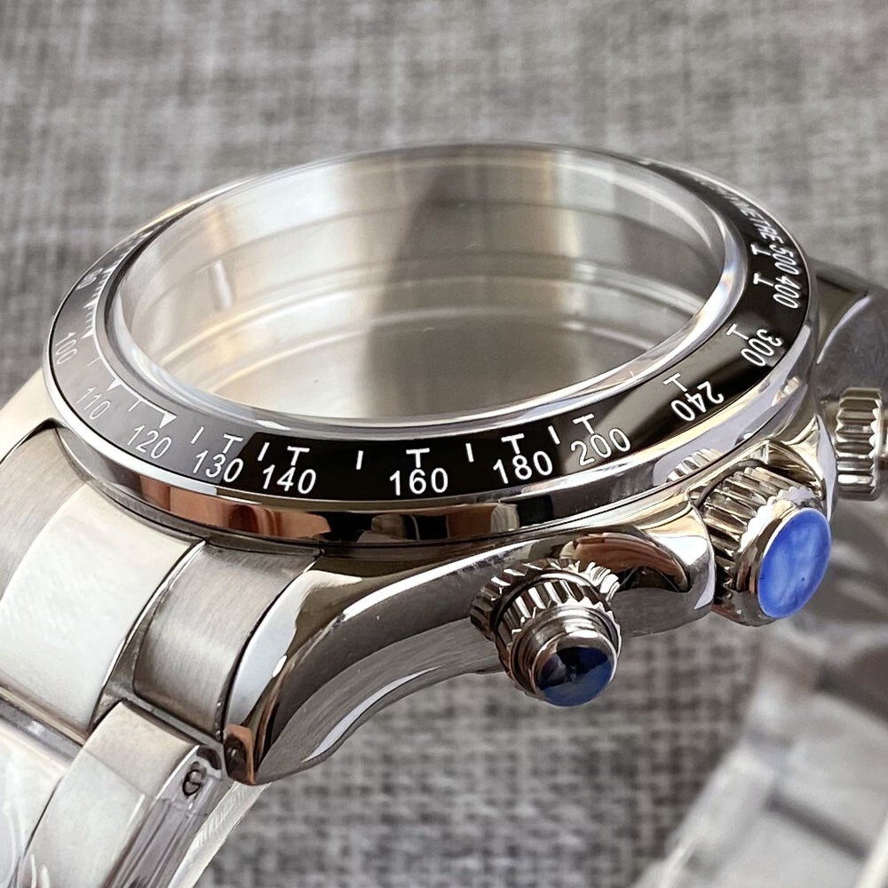 39mm Polished Mens Watch Case Bracelet Fit Quart VK64 VK63 Bow Sapphire Glass