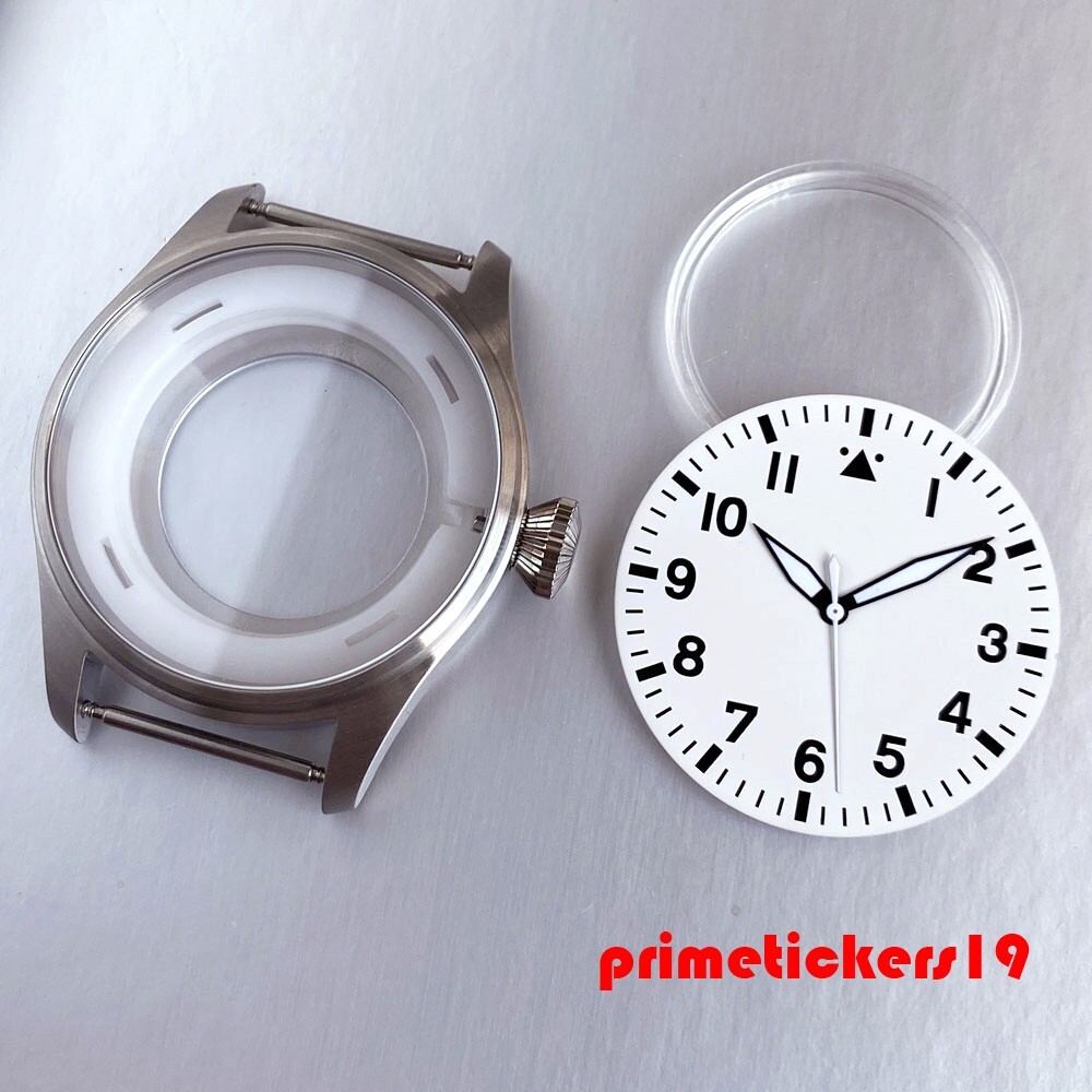 43mm Pilot Watch Case+Dial Hands Set Sapphire Fit NH35 ETA2824 PT5000 Clear Back