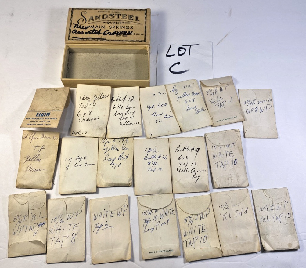 Lot of 100+ Vintage Watch Crowns – Mixed Sizes – With Sandsteel Box c1933