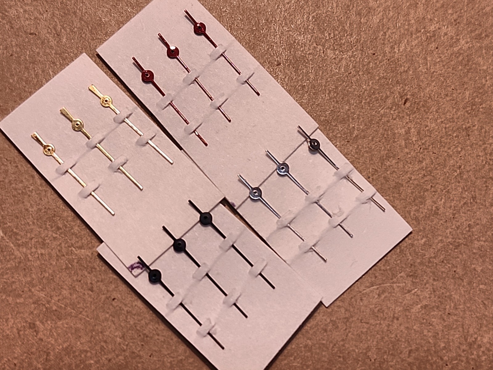 1 Dozen Vintage NOS Sweep Second Hands-Red, Black, Gilt, & Silver