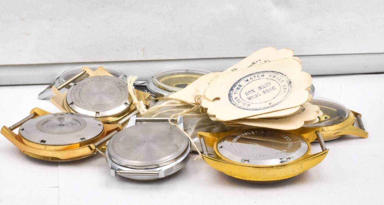 9 different NEW Screw back ‘Golden Time” Watch cases ALL MEN’S SIZES W/ CRYSTALS