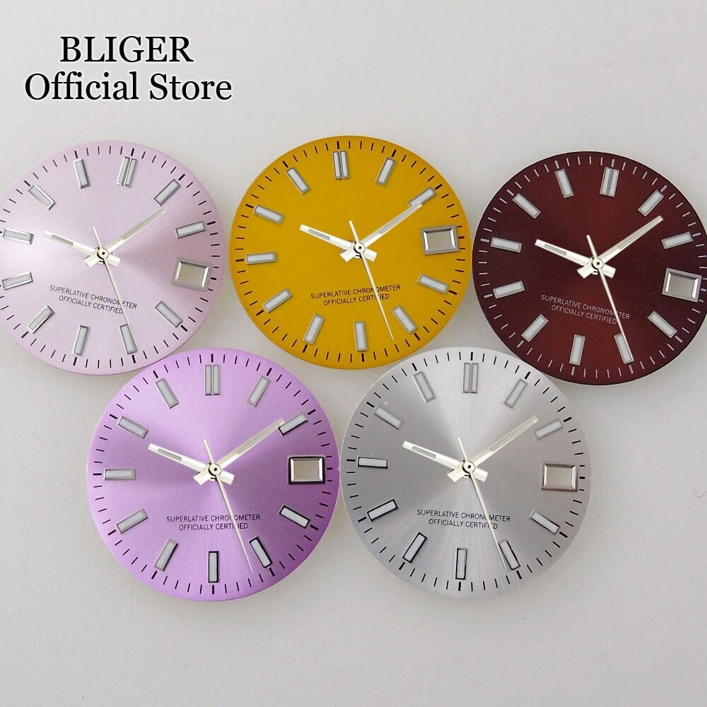 28.5mm Sunburst Pink Silver Watch Dial+Hands Green Lume Fit NH35A NH36A Movement