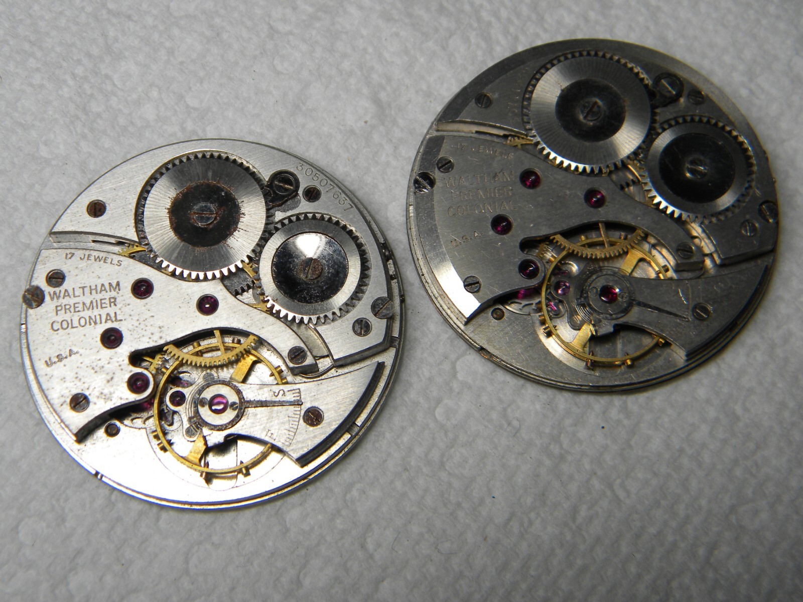 Pair Waltham Premier Colonial 17J 12S Pocket Watch Movements to Repair or Parts