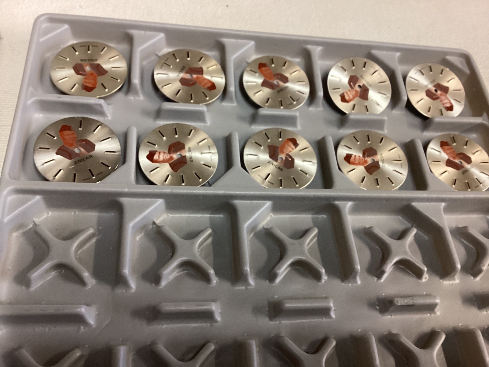 1960’s Box of 90 unused 24mm ENICAR 678_679 watch dials Robert Giavarini Suisse