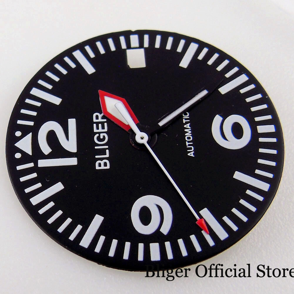 BLIGER fit NH35A Green Luminous 29mm BLACK Watch Dial Date Calendar Window Hand