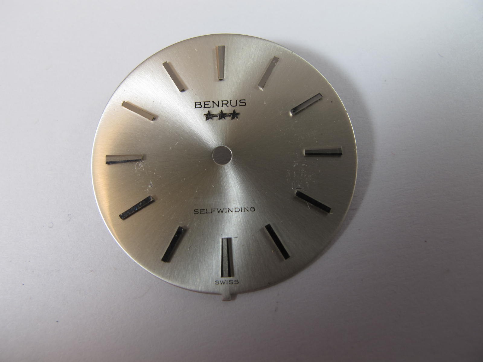 BENRUS BY SINGER MENS 3 STAR SILVER COLOR OLD STOCK WATCH DIAL WITH TAB AT 6