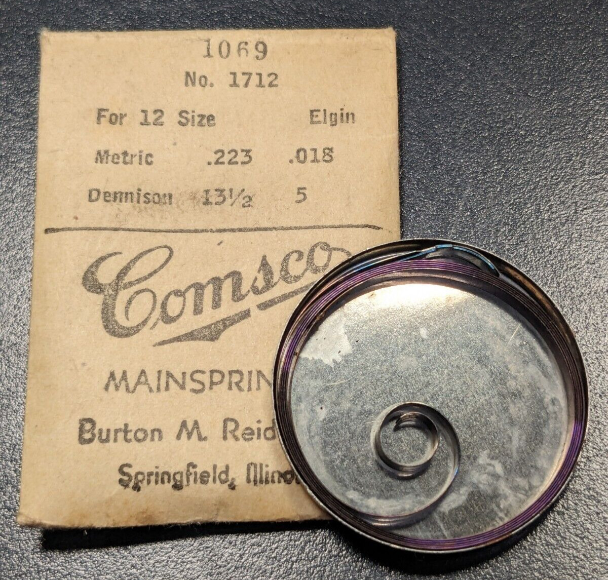 NOS Comsco Mainspring 1069 Elgin 12 Size Factory No. 1712