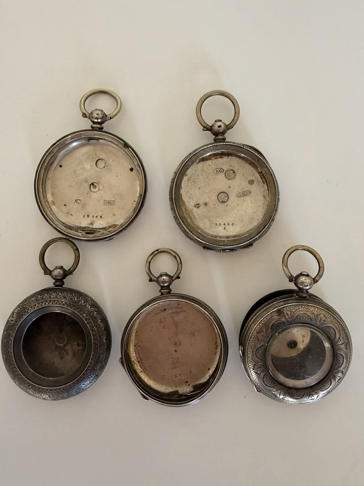 Lot of 5 Antique 800 Silver Pocket Watches & Cases Repair Spares Parts