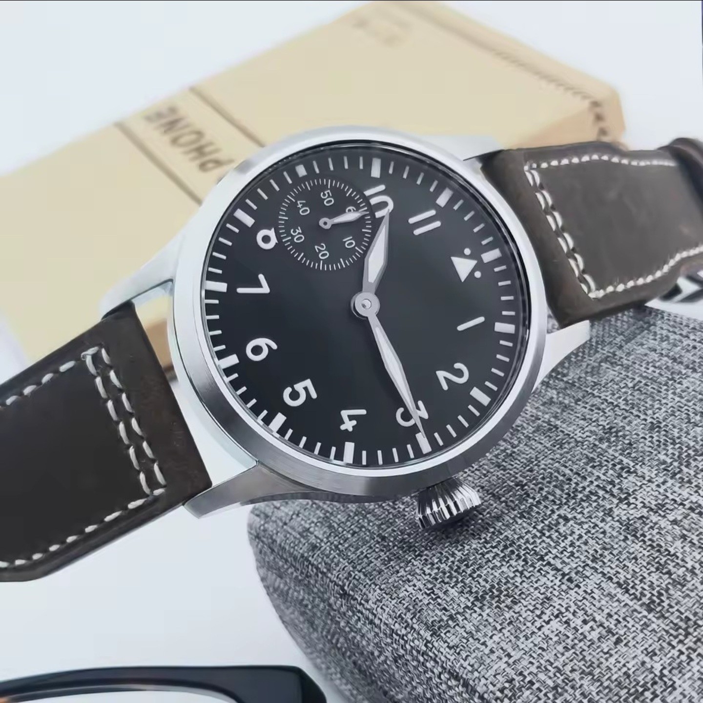 Pilot Watch 42mm ETA 6497 Exhibition Case. Black dial.