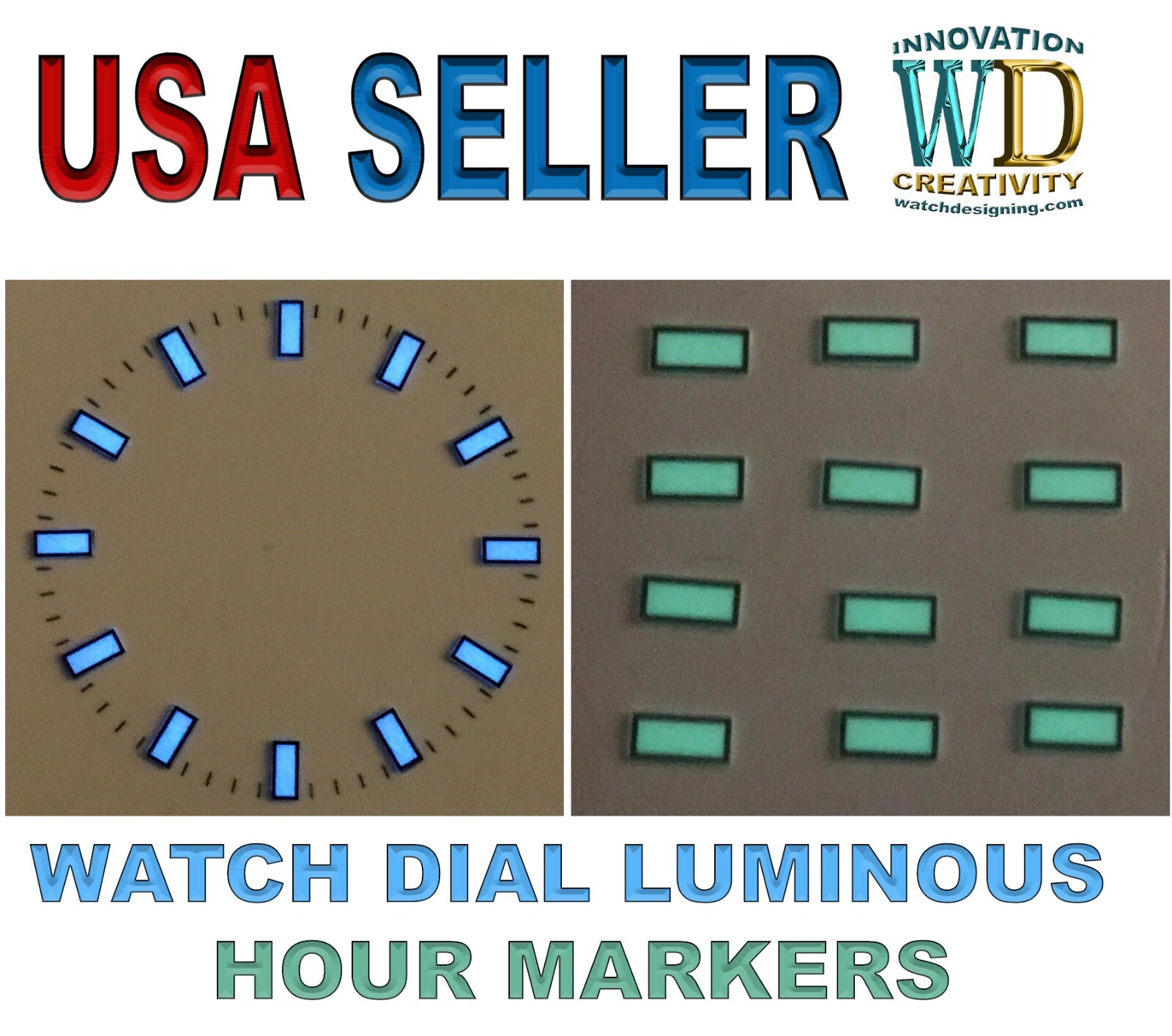 Watch Dial Hour Markers 12 pieces Green Blue LUMINOUS Numerals Dots Rectangles