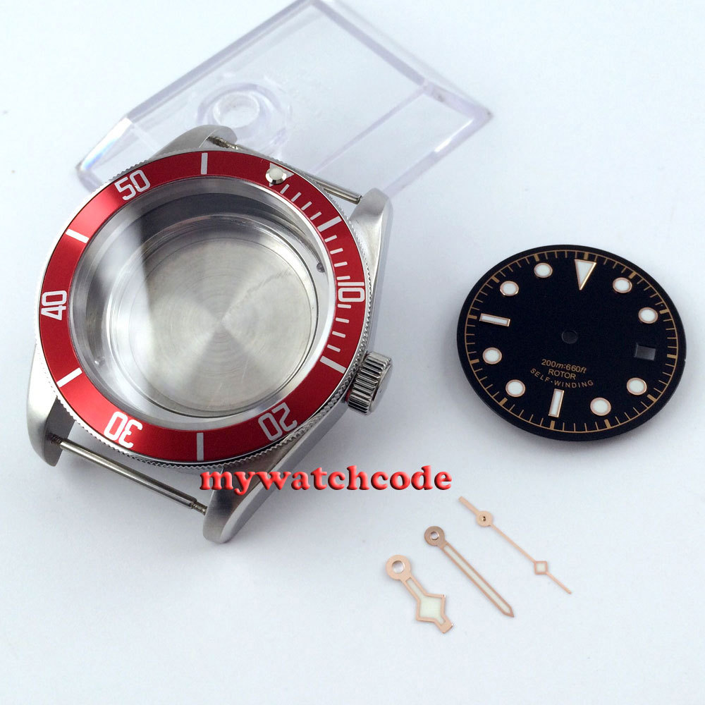 41mm Red Bezel Sapphire Cystal Watch Case Dial Hand Fit ETA 2836 MOVEMENT