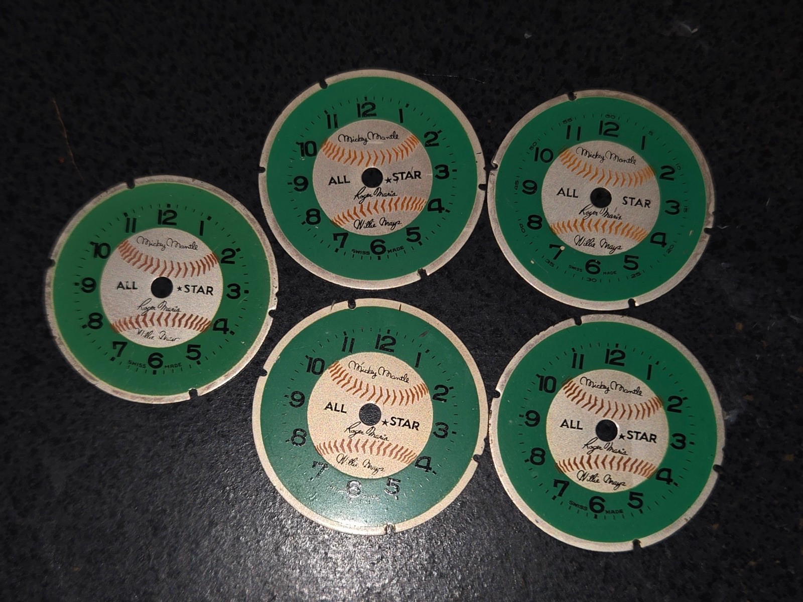 Five (5) baseball watch dials, 1966, Mantle, Mays, Maris repro autos.