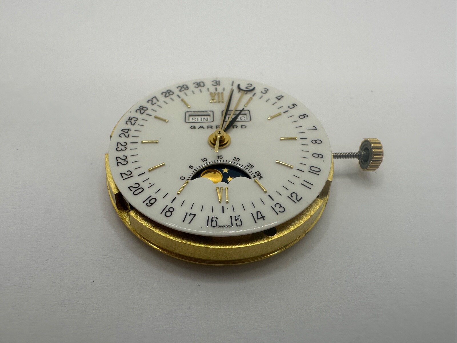 ORIGINAL GARRARD ETA 2892-A2 Movement Moonphase and Day-Date-Month Dial & Crown
