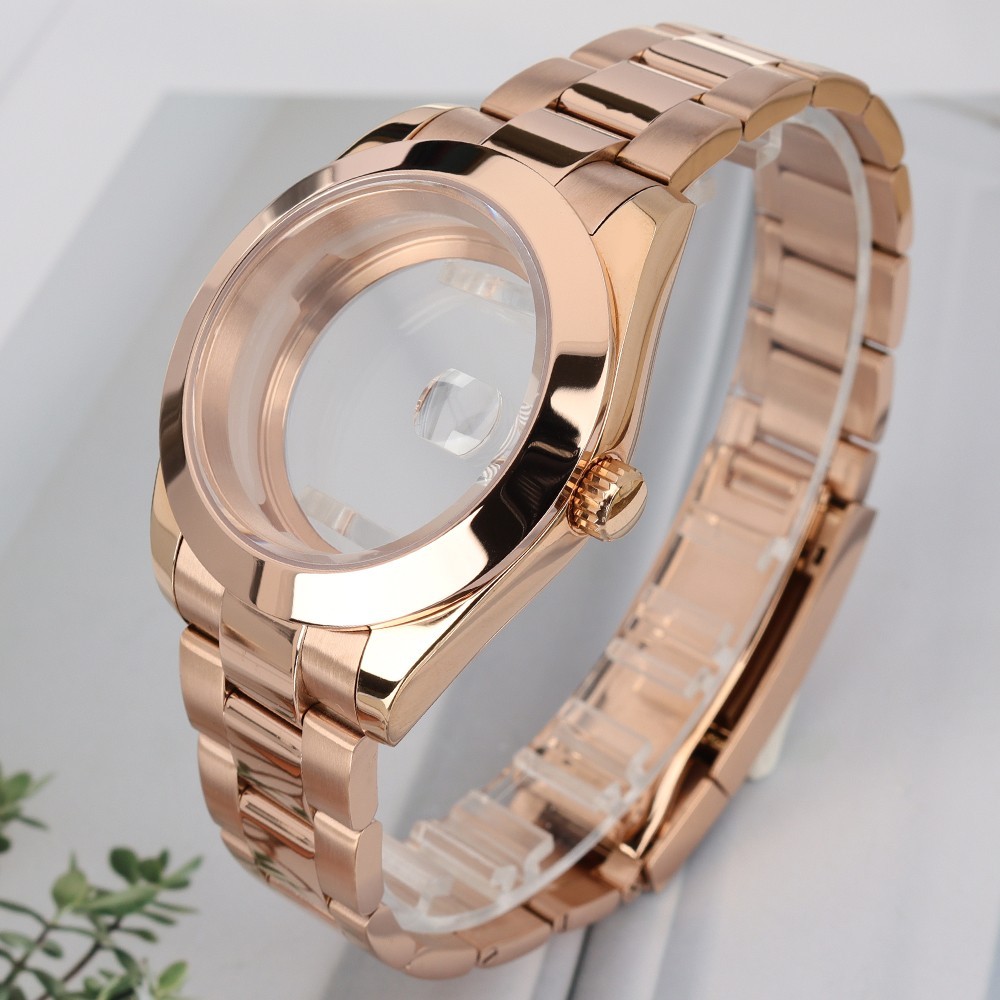 Rose Gold Oyster Brushed Watch Case+Fine Steel BAND 10ATM For Seiko NH35 34 NH36