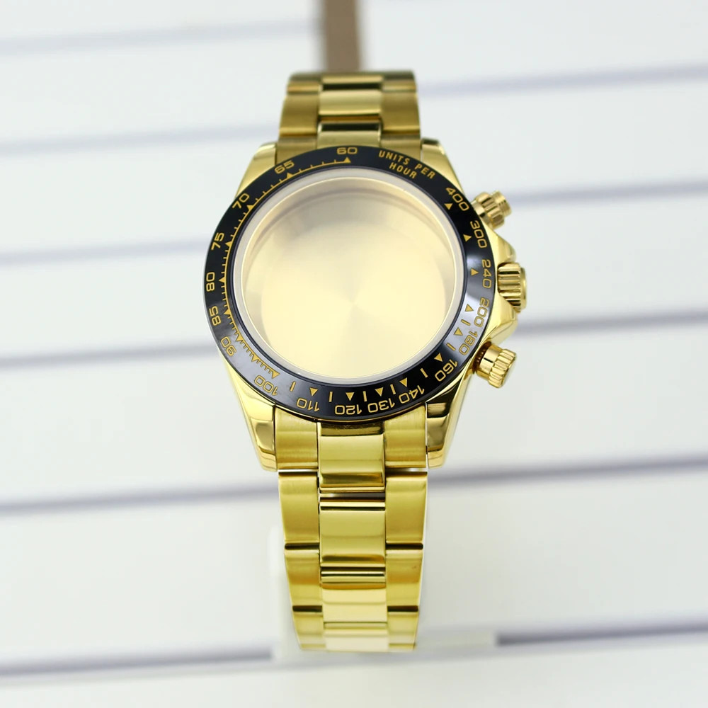 39mm Watch Case Strap Sapphire Glass Fixed ceramic ring For Seiko VK63 Movement