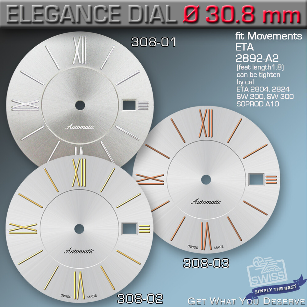 DIAL, ETA 2824-2, 2892-A2, SW 200, SW300, SOPROD A10,M100 Ø30.8 MM, REF 308-1-3
