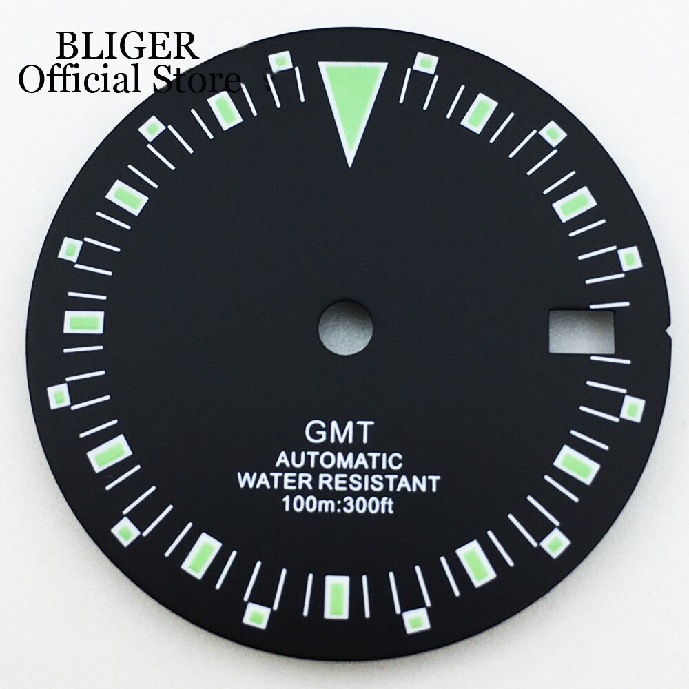 BLIGER 29mm Black NH34 GMT Watch Dial Luminous Index Fit NH34A Movement Parts