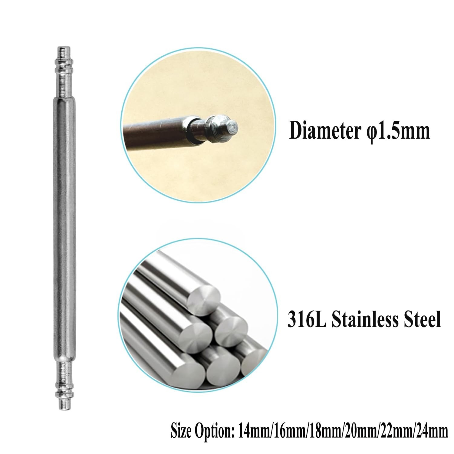 14mm 16mm 18mm 20mm 22mm 24mm Spring Bars, Watch Pins φ1.5mm Diameter 10pcs