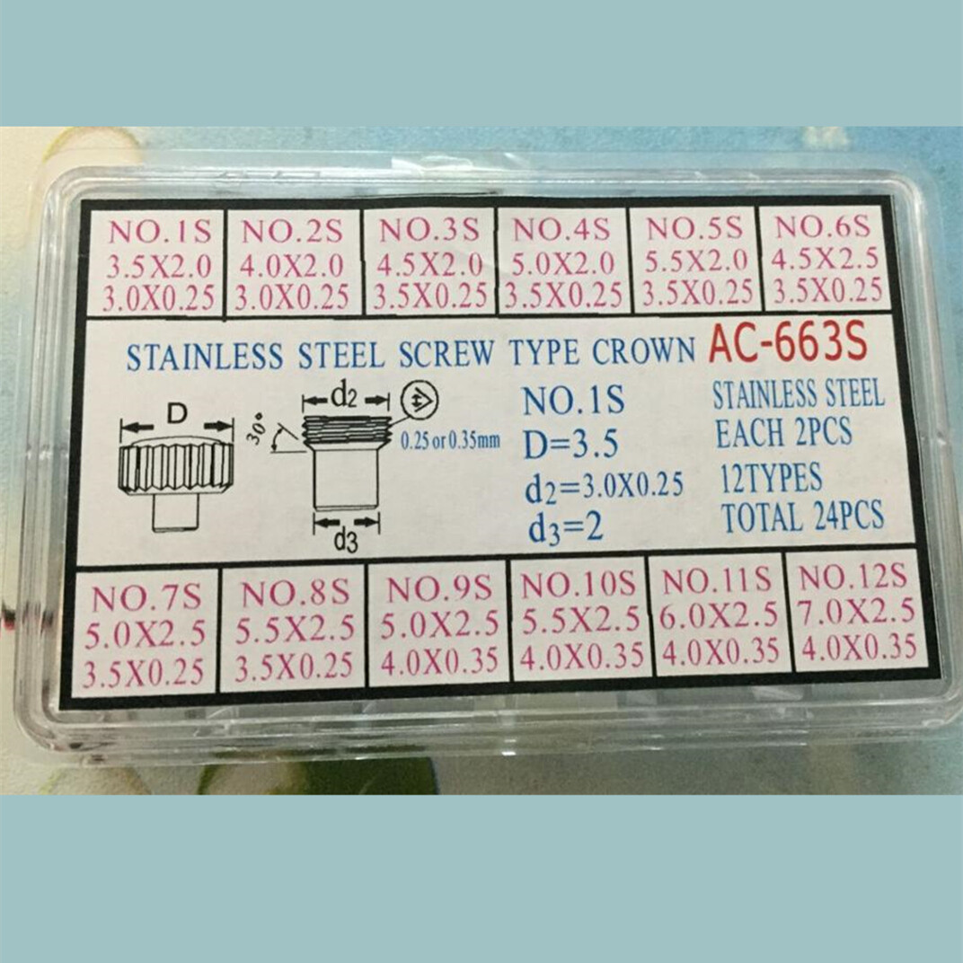 24pcs Silver Stainless Steel Screw Type Crown Watch Crowns&Tube Locking AC-663S
