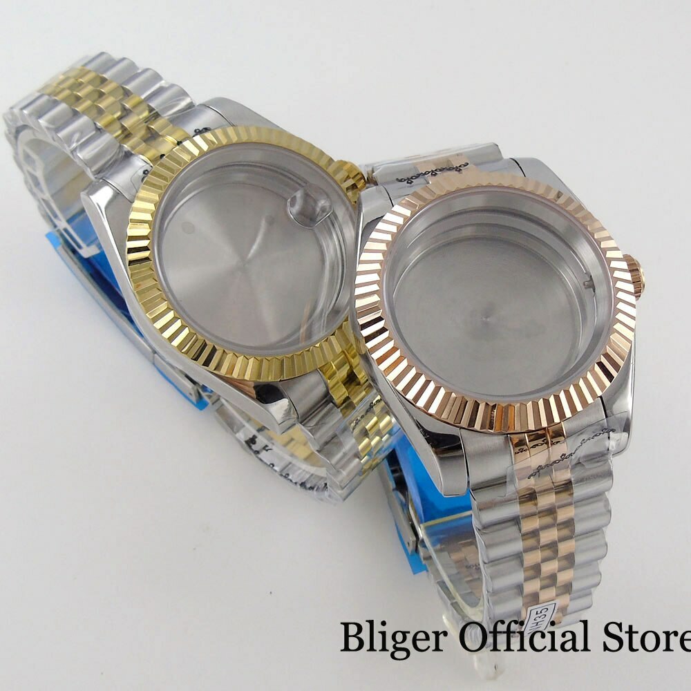 BLIGER 39MM Two Tone Gold Strap Watch Case Fluted Bezel fit NH35A NH36A PT5000