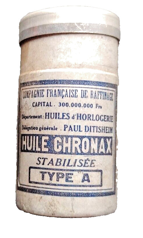 Watchmaker Oil Tin France Lithograph Huile Chronax (empty) 1930’s Art Deco
