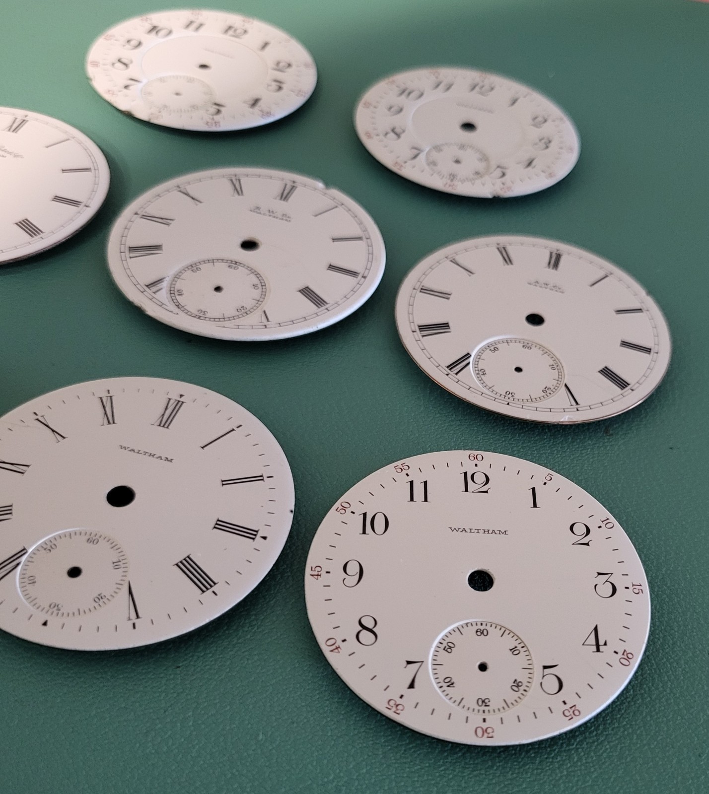 Eight 18s Waltham Enamel Dials For Parts Or Repairs