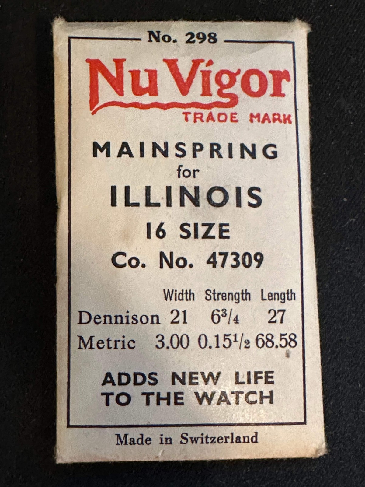 NuVigor Mainspring #298 for Illinois 16s Factory No. 47309 – Steel